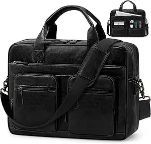 RAINSMORE Vintage Messenger Bag for Men PU Vegan Leather Computer Laptop Bag 15.6 Inch Waterproof Briefcases for Men Retro Mens Briefcase Satchel Bag for Work Office Business Travel Black