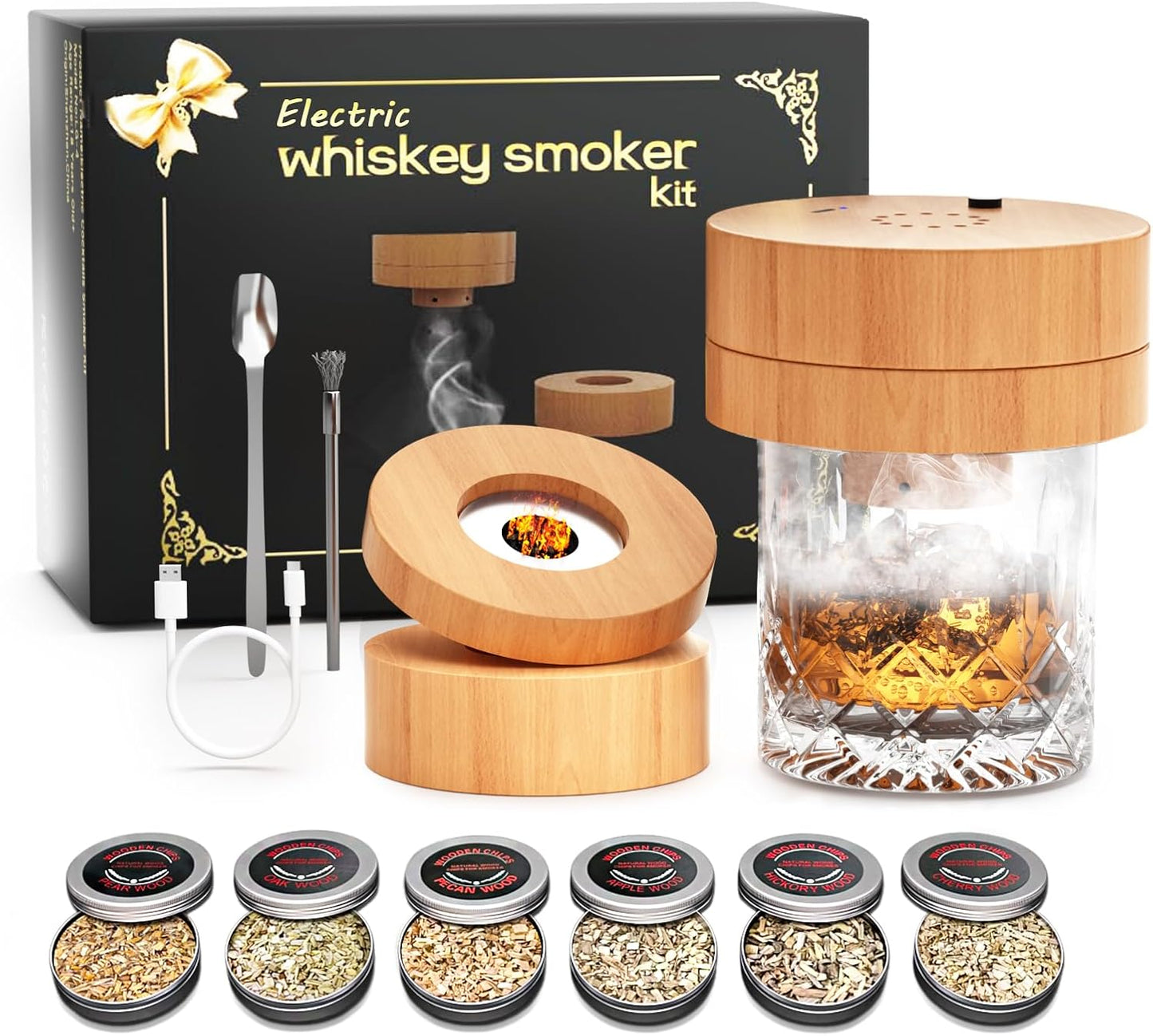 Electric Whiskey Smoker Kit with 6 Wood Chips, Rechargeable Cocktail Smoker Kit Built-in Lighter, No Butane Needed,Old Fashioned Drink Smoker Kit, Gifts for Men, Dad, Husband