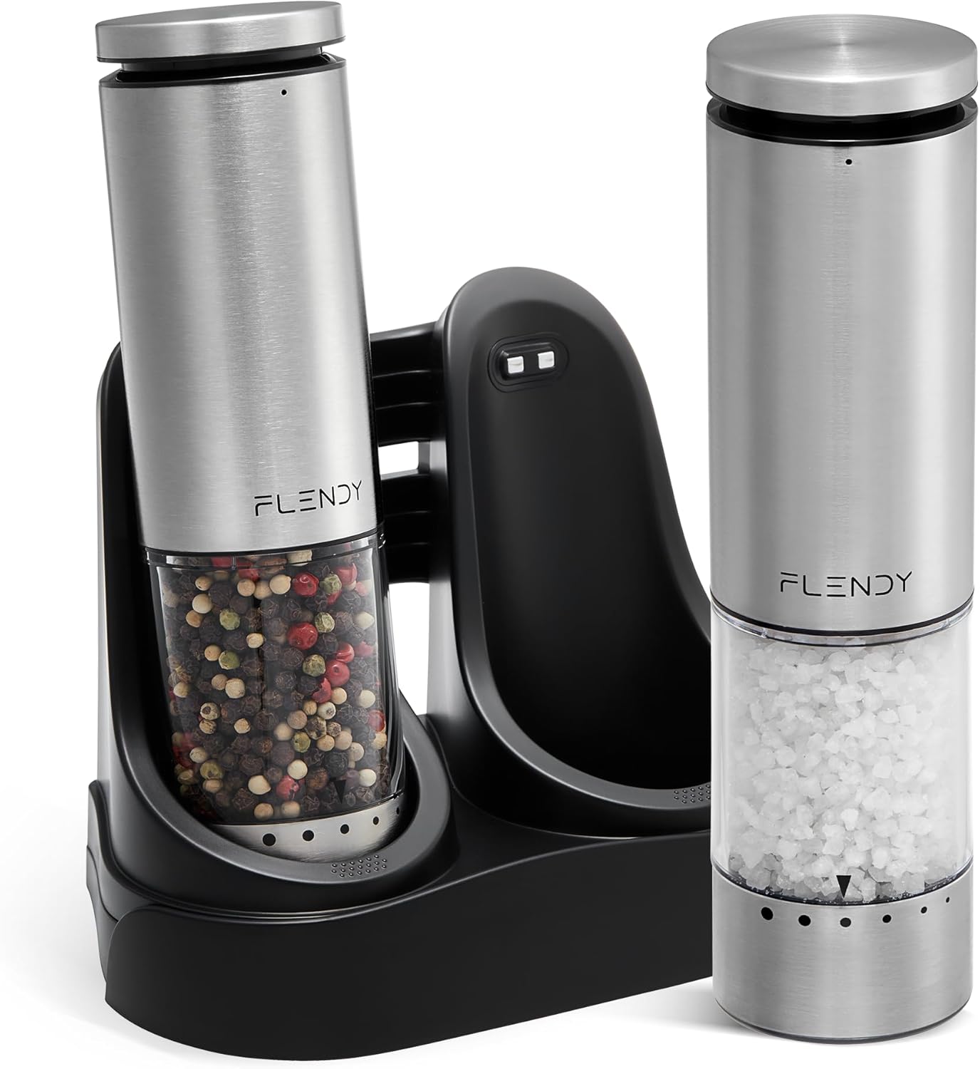 Flendy Electric Salt and Pepper Grinder Set Rechargeable, Automatic Salt and Pepper Grinder Set with Oversized Top Button, Stainless Steel Electric Salt and Pepper Shakers Set