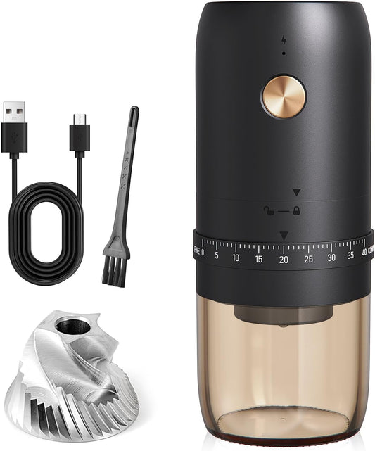 Portable Electric Coffee Grinder， Upgraded External Adjustable 40 Levels Fine to Coarse Settings, Stainless Steel Conical Burr Rechargeable and Faster Grinding for Office,Home,Camping,Travel,Black