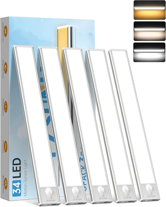 PZSUNLY Under Cabinet Lighting,34 LED 1100mAh Rechargeable,Motion Sensor Light,3 Colors Dimmable,Magnetic Closet Lights,Indoor Night Lights for Kitchen Bedroom Stairs 5 Pack