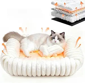 Cat Beds for Indoor Cats, Square Self Warming Cat Bed Orthopedic Pet Bed with Pillow Super Soft Rabbit Fur Small Dog Beds, Calming Plush Kitten Bed with Removable Washable Cover & Anti-Slip Bottom