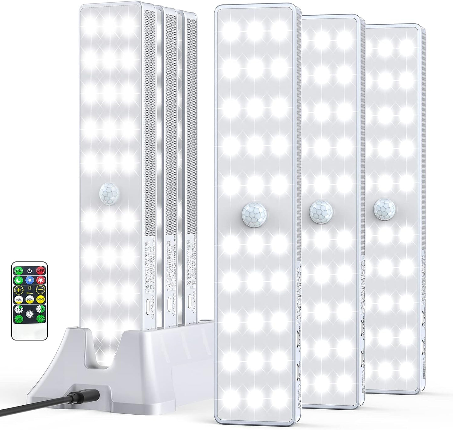 LED Closet Light with Charging Station, 6 Pcs 30LEDs 8'' Dimmer Rechargeable Motion Sensor Under Cabinet Lighting with Remote Control, Wireless Stick-Anywhere Night Light for Wardrobe,Kitchen