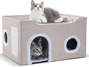 Cat House for Indoor Cats â€“ Foldable Cat Cave & Covered Cat Bed, Cozy Hideaway for Small Pets and Large Cats (23.6"x16"x12.8"),Beige