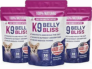 K9 Belly Bliss, All-Natural Gut Health for Dogs, Vet Approved Prebiotic for Dogs for Daily Digestive Support & Dog Constipation Relief, Topper for Dry & Wet Food, 3 Pack with 30 Scoops Each.