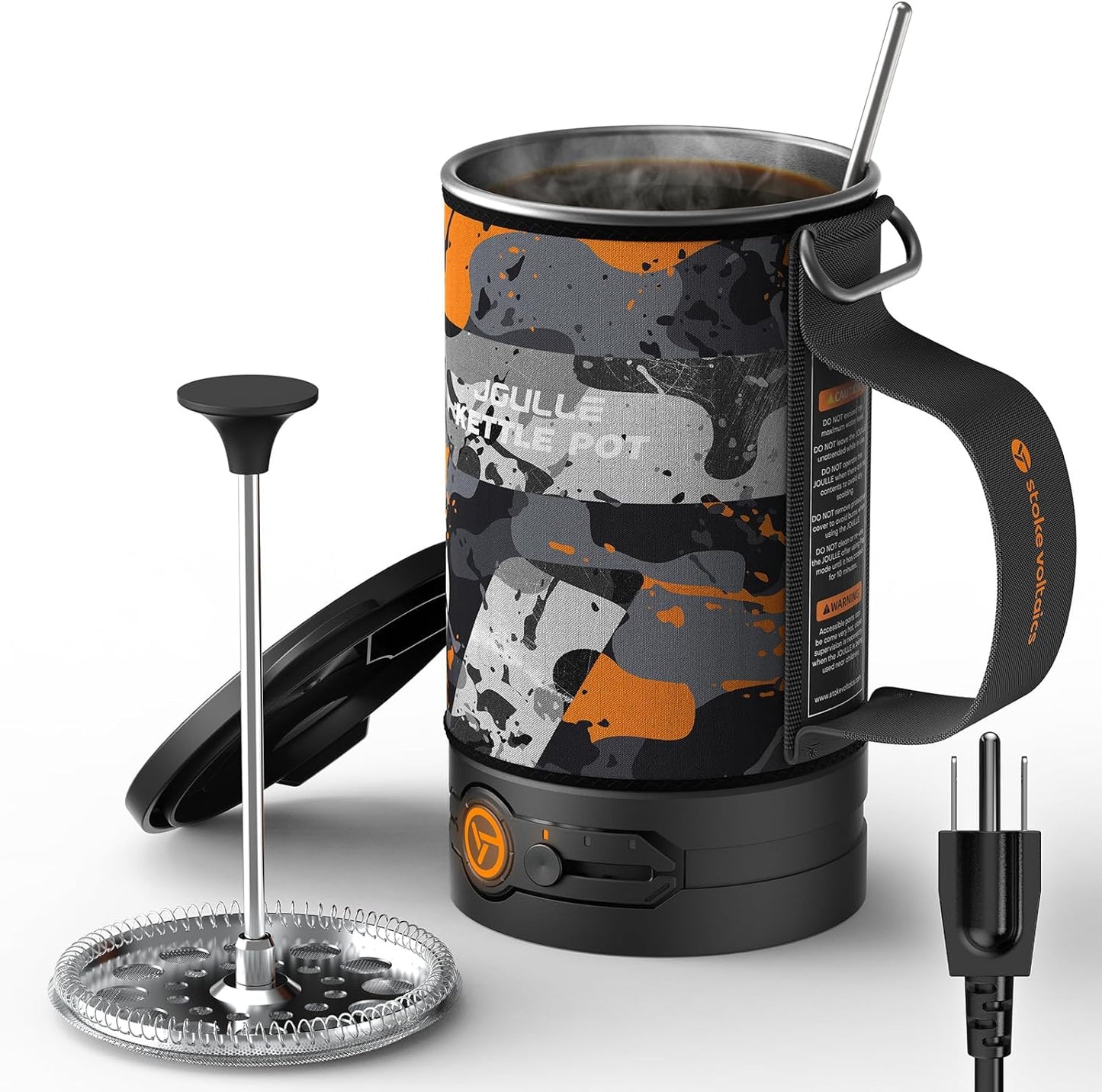 STOKE VOLTAICS Electric French Press Coffee Maker, 120V Boil Water & Press Coffee 2-in-1, Portable Design for Camping, Travel, 6 Minute Brew Ready