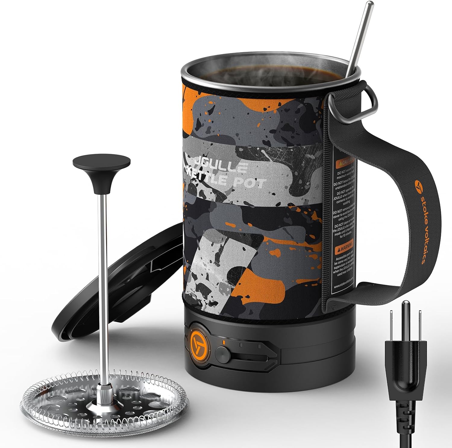 STOKE VOLTAICS Electric French Press Coffee Maker, 120V Boil Water & Press Coffee 2-in-1, Portable Design for Camping, Travel, 6 Minute Brew Ready