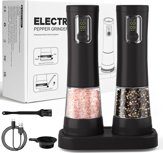 2 Pack Electric Salt and Pepper Grinder Set, Rechargeable Automatic Pepper Mill with Base,5-Level Adjustable Coarseness, Display, LED Lighting, Large Capacity-Ideal for Kitchen, BBQ Gifts (2, Black)