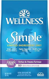 Wellness Simple Limited Ingredient Dry Dog Food for Sensitive Stomachs, Supports Skin & Coat, Grain Free, Natural, Turkey & Potatoe Recipe, (40-Pound Bag)