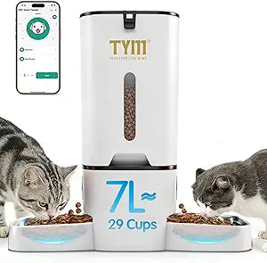 TYM Dual Automatic Cat Feeder for 2 Cats, 7L WiFi Cat Food Dispenser with Smart App Control, Programmable Feeding Schedule for Multiple Pets, Stainless Steel Double Bowls, Detachable for Easy Clean