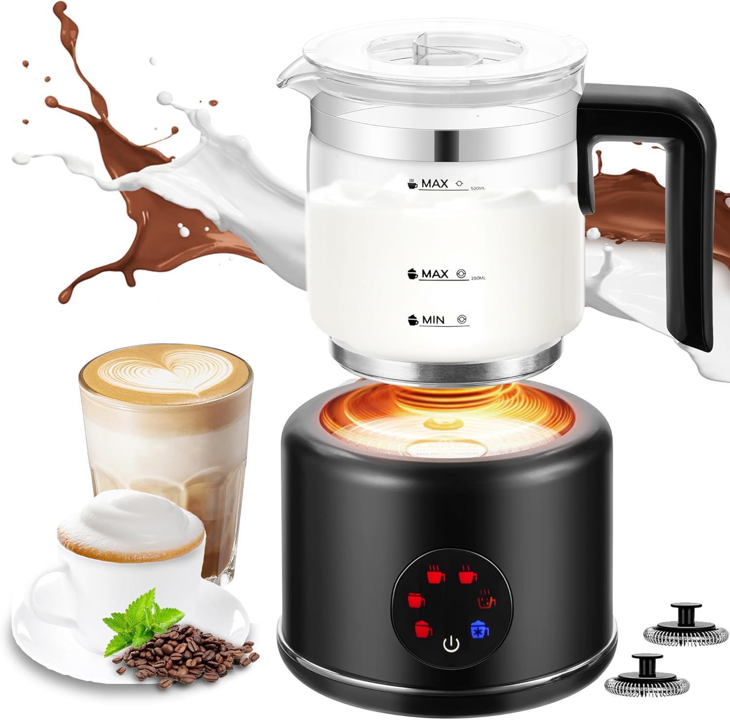 Milk Frother and Steamer, 6 in 1 Milk Steamer and Milk Warmer, 17oz Auto Shut Off Electric Frother with Touch Screen, Hot\/Cold Foam Maker for Coffee, Latte, Cappuccino, Hot Chocolate, Black