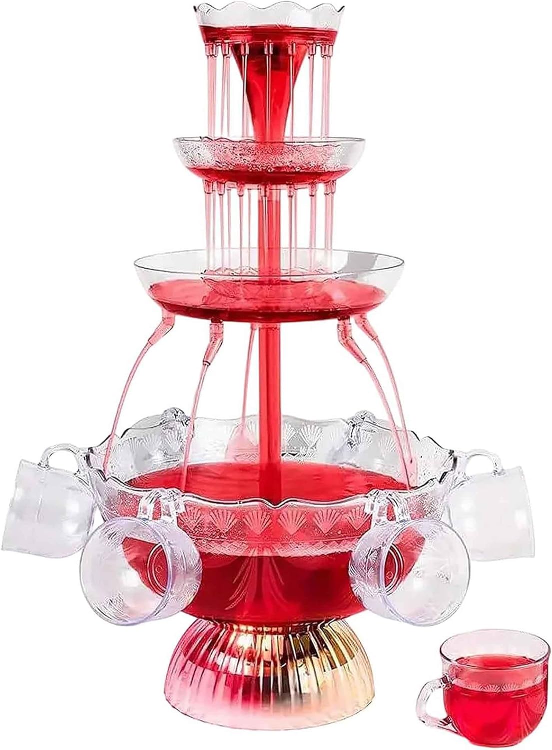3-Tier Red Wine Fountain Machine with LED Base and 5 Cups Electric Champagne Fountain Drink Dispenser for Party Bar Wedding Home Use