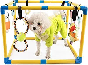 XL Indoor Dog Playground for Puppies (23x17x17in): Adjustable Enrichment Activity Center with 8 Hanging Toys & PVC Frame, Bungee Straps for Small Dogs