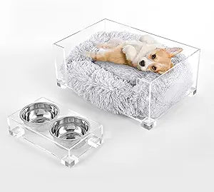 DBD2001A-2SET Billie 24" x 15.75" Small Modern Calming Fluffy Pet Bed with Washable Cushion and 4" Elevated Pet Feeder with 27 oz 2-Stainless Steel Bowls, Light Gray/Clear (Set of 2)