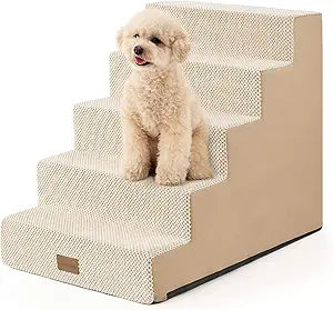 Dog Stairs for Small Dogs, 5 Tier Widened Pet Stairs for High Beds, 23.6" H Non-Slip Dog Steps for Puppy, Elderly, or Disabled Dogs, 17.7x30x23.6 inch, Beige