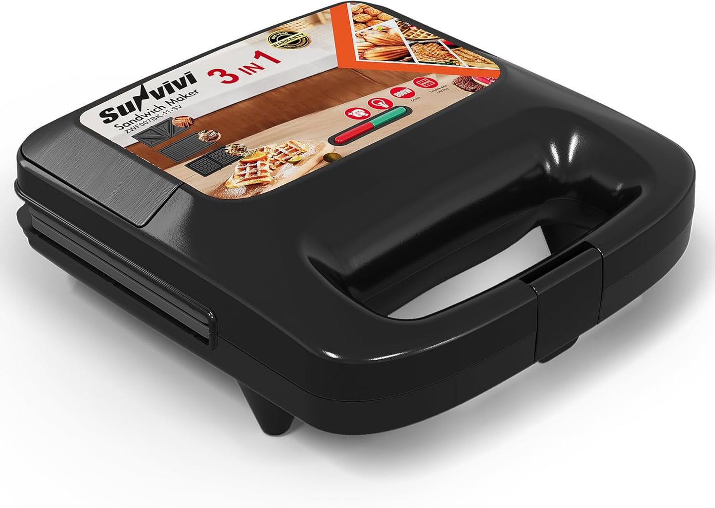 Sunvivi 3 in 1 Electric Sandwich Maker: Panini Press Grill and Waffle Iron Set, Grill and Sandwich Press with Removable Nonstick Plates, Indicator Lights & Cool Touch Handle, 800W, Black