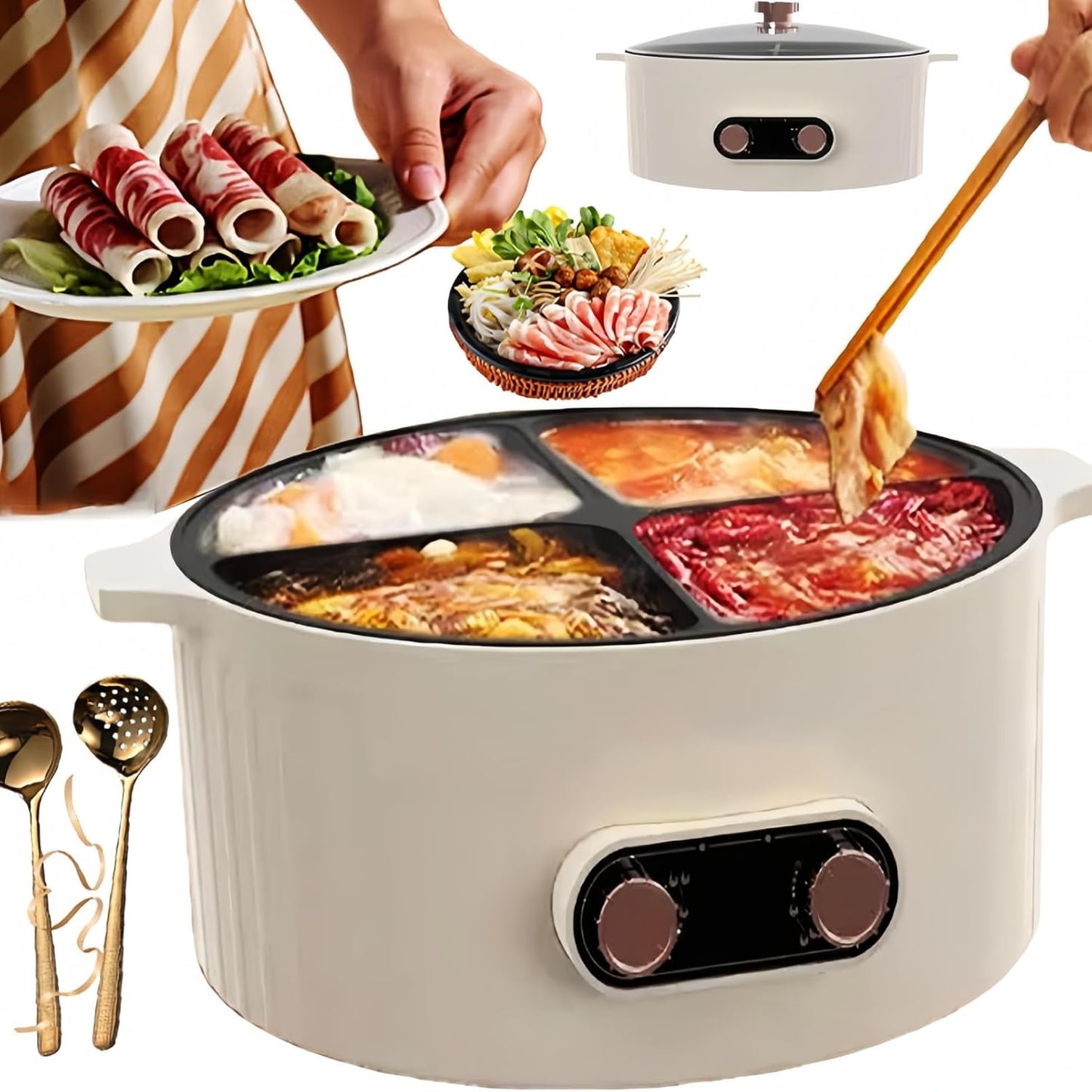 Four Grid Multifunctional Stew Pot, Electric Pot 4 Compartment 4 Compartment Divider Cooker -6L Shabu Shabu Pot Electric Large For Home Party