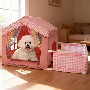 Cute Pink Princess 26 * 26 * 26.8" Dog House Bed for Pets Dogs Cats with Playpen, Cozy Confortable Puppy Cat Rabbit Kennel Bed Playhouse Tent w/Washable Cushion, Holds Up to 50lbs Pets