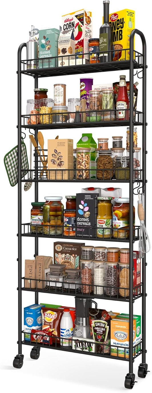 Qiaoxuan 6 Tier Slim Storage Cart with Wheels, Metal Mobile Shelving Unit Organizer Utility Cart for Office Bathroom Kitchen Laundry Room Narrow Places (6inches)