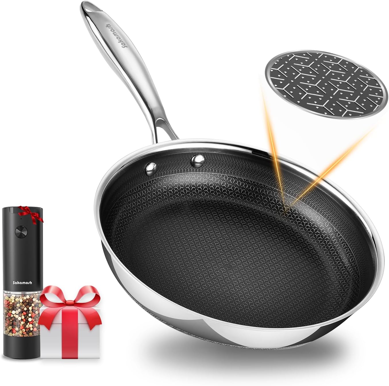 SAKAMOSH 9.5" Hybrid Ceramic Deep Pan, Ceramic-Coated Stainless Steel Skillet - PFOA\/PTFE Free, High Heat & Induction, Dishwasher & Oven Safe + FREE Electric Pepper Grinder