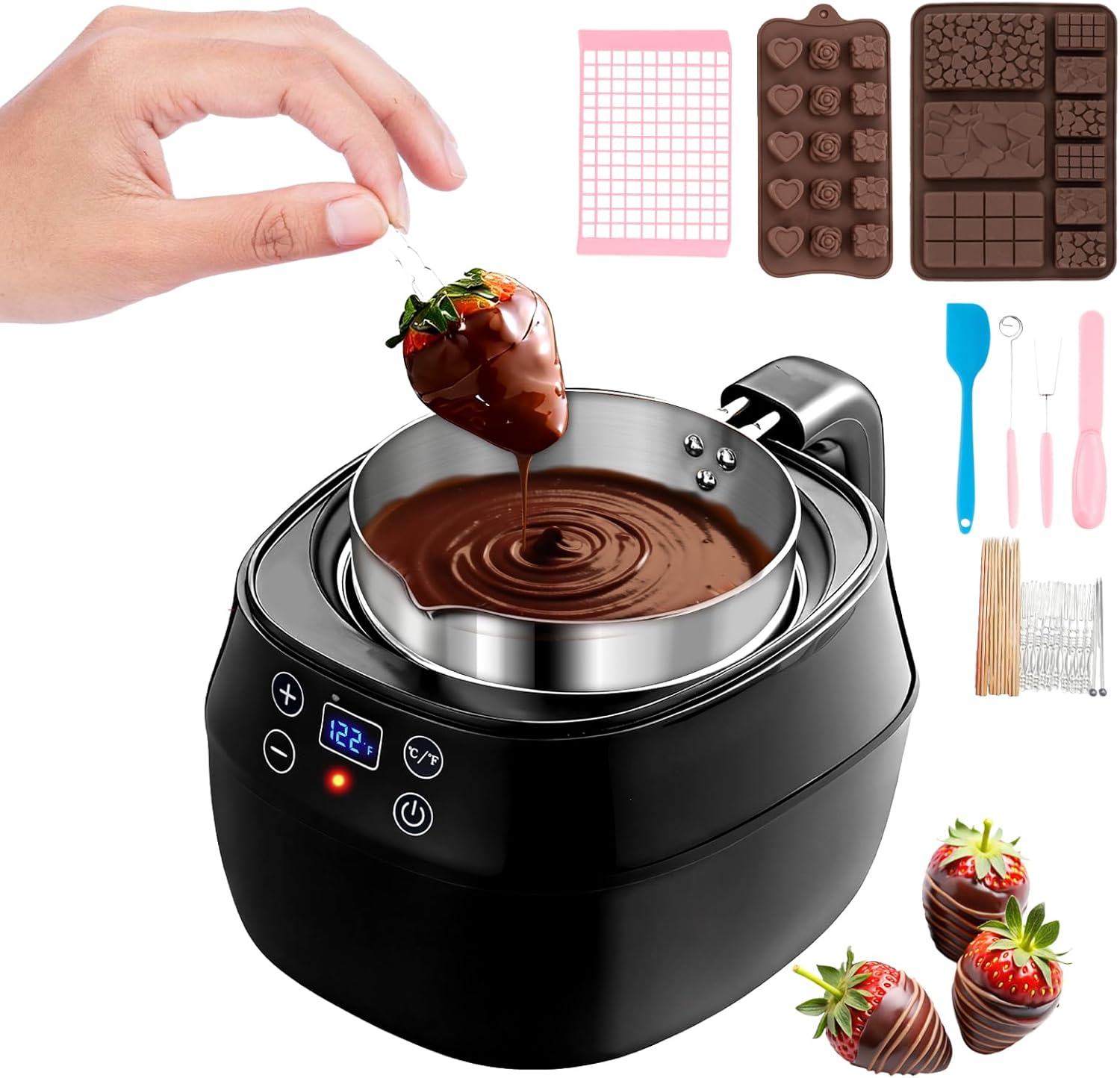 Chocolate Melting Pot with LED Display & Auto-Temp Control, Electric Chocolate Melter Warmer for Dipping Strawberries, Cake Pops & Fondue - Comes with 2 Silicone Molds for DIY Candy & Chocolate Making