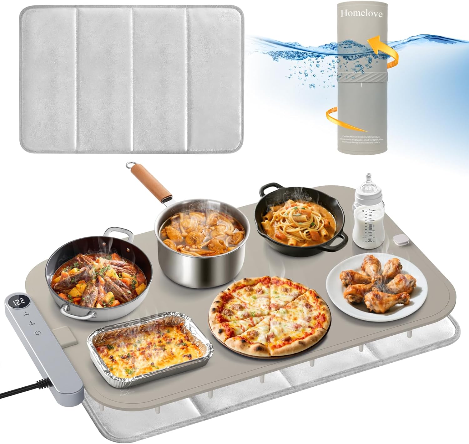 Homelove Warming Mat for Food - Electric Warming Tray with 6-Level Temperature and Hours Setting, Full Surface Graphene Heating, Waterproof Dishwasher-Friendly Food Warmer for Parties, Kitchen (Khaki)