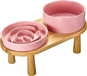 Ceramic Slow Feeder and Water Bowl Set for Small Dogs, 6.0 Inch Ceramic Dog Bowls Elevated with Wooden Stand, 0.6 Cups Dog Slow Feeder(14oz) and 30oz Water Bowl Set, Pink