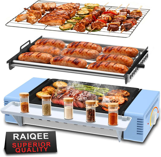 Electric Grill Indoor, 3 in 1 Indoor Grills with Hotdog Roller Grill & Grill Net & Non-Stick Cooking Removable Plate, Portable Korean BBQ Grill for Family, Game Night, Hot Dog Roller Machine for Home