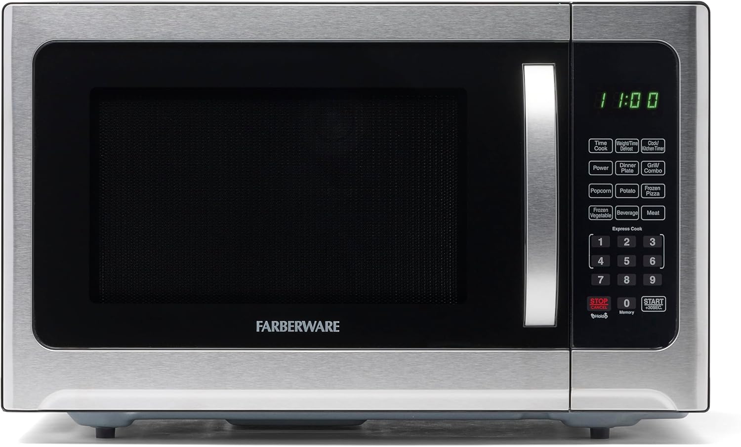 Farberware Countertop Microwave Oven 1.2 Cu. Ft. 1000 Watt with LED Lighting, Child Lock, Easy Clean Grey Interior, Stainless Steel, Black Stainless