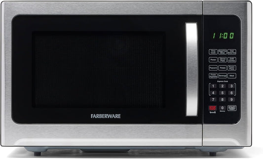 Farberware Countertop Microwave Oven 1.2 Cu. Ft. 1000 Watt with LED Lighting, Child Lock, Easy Clean Grey Interior, Stainless Steel, Black Stainless