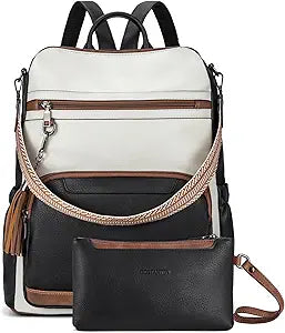 BOSTANTEN Leather Laptop Backpack for Women Designer Travel Backpack with Laptop Compartment Ladies Computer Shoulder Bags Blackï¼†Beigeï¼†Brown