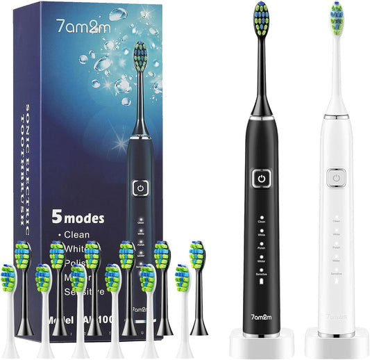 7AM2M Sonic Electric Toothbrush with 6 Brush Heads for Adults and Kids, One Charge for 90 Days, Wireless Fast Charge, 5 Modes with 2 Minutes Built in Smart Timer, Electric Toothbrushes (Black&White)