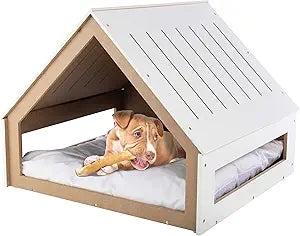 Indoor Dog House Bed - Wood Doghouse with Soft Cushion and Air Vents - 29.5x28x24in Dog Furniture for Small to Medium Pets up to 80lbs - Puppy Accessories by PETMAKER (White)