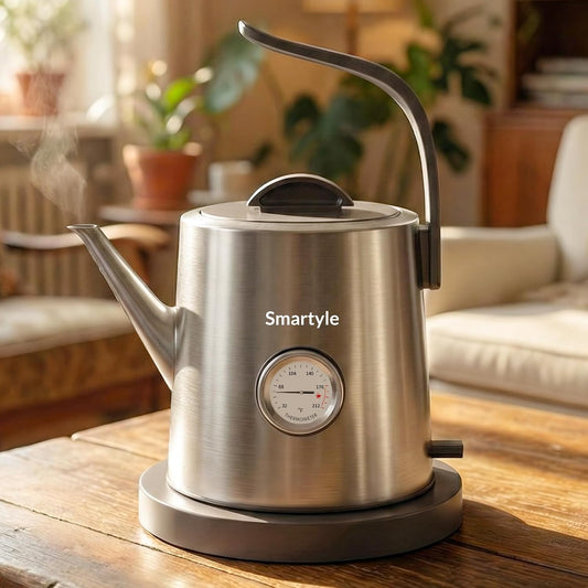 Smartyle Electric Tea Kettle with Thermometer,1.0L Gooseneck Electric Kettle,304 Stainless Steel,Auto Shut-Off,1200W Pour Over Coffee Pot for Brewing Coffee & Tea at Home,Office,or Caf (Chrome)