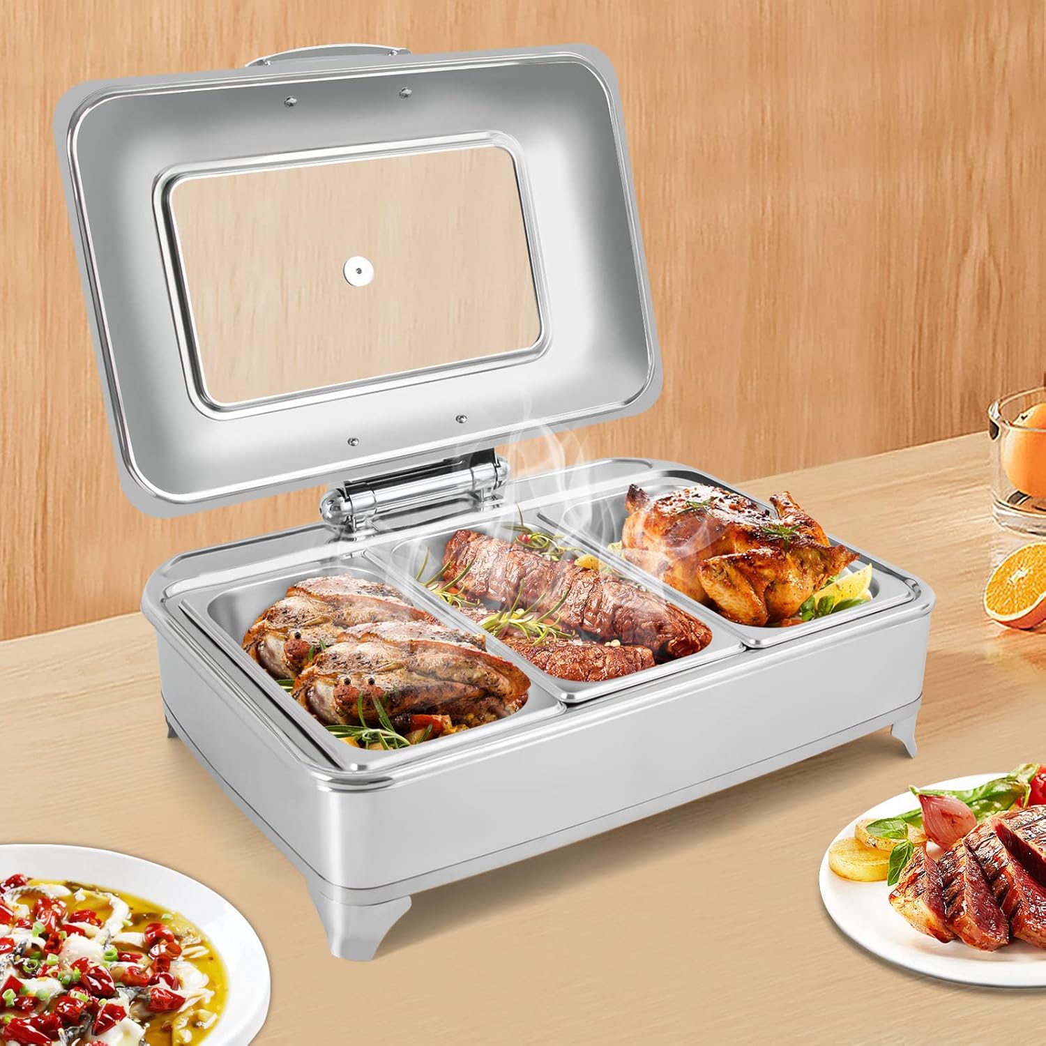 Electric Chafing Dish 3 Pan 9.5QT Food Warmers for Parties Buffets with Clear Cover 400W Adjustable Temperature Chafing Dish Buffet Set for Home Kitchen Party, Silver