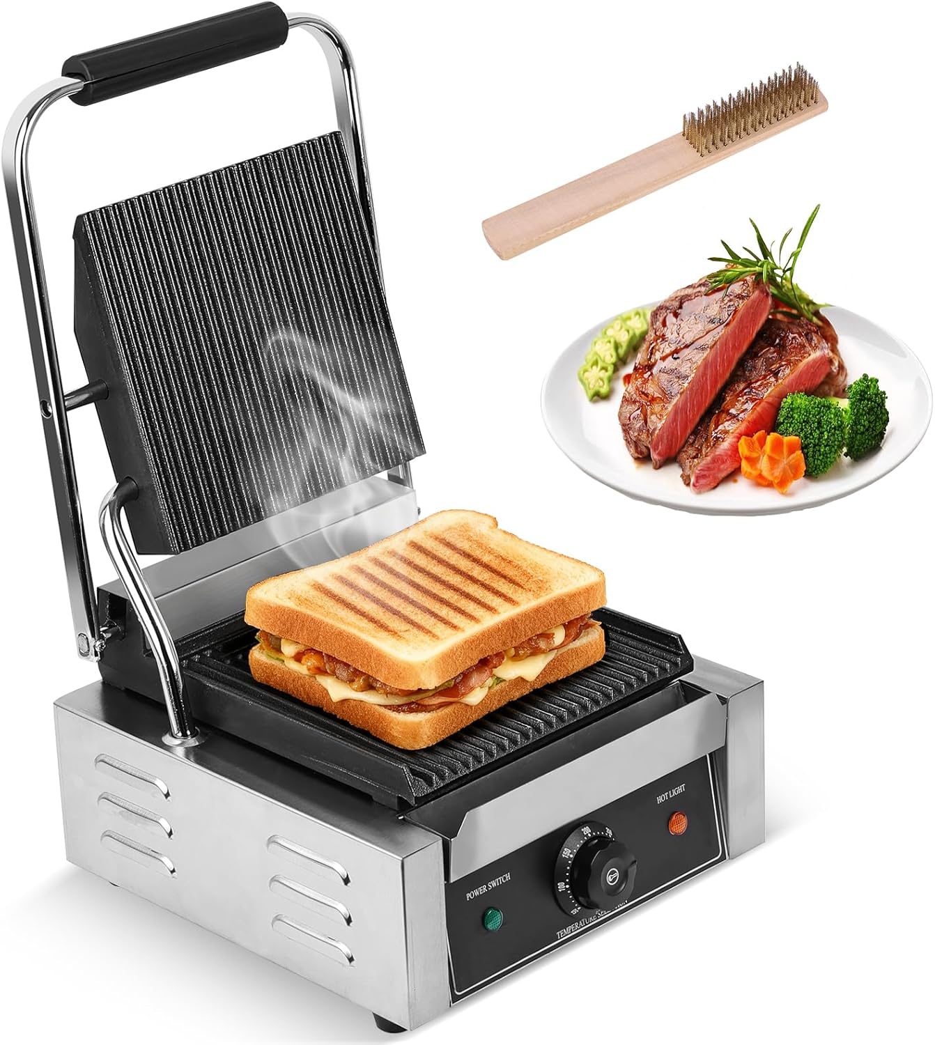 1800W Commercial Indoor Electric Grill & Panini Press - Double-Sided Sandwich Maker, Adjustable Temperature 50°C-300°C, 9.1" x 9.4" Non-Stick Cooking Surface, Professional Griddle Plate