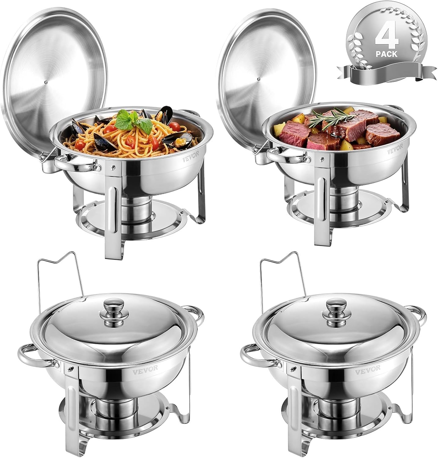 VEVOR Chafing Dish Buffet Set, 5 Qt 4 Pack,Stainless Steel Chafer with 4 Full Size Pans, Round Catering Warmer Server with Lid Water Pan Folding Stand Clip, for Weddings Parties,Upgraded Silver