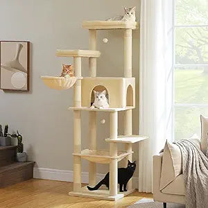 PAWZ Road Large Cat Tree, 73 Inches Tall Cat Tower with 1 Large Padded Perch,2 Spacious Hammocks,8 Long Scratching Posts, XL Plush Cat Condo for Indoor Adult Cats,Beige