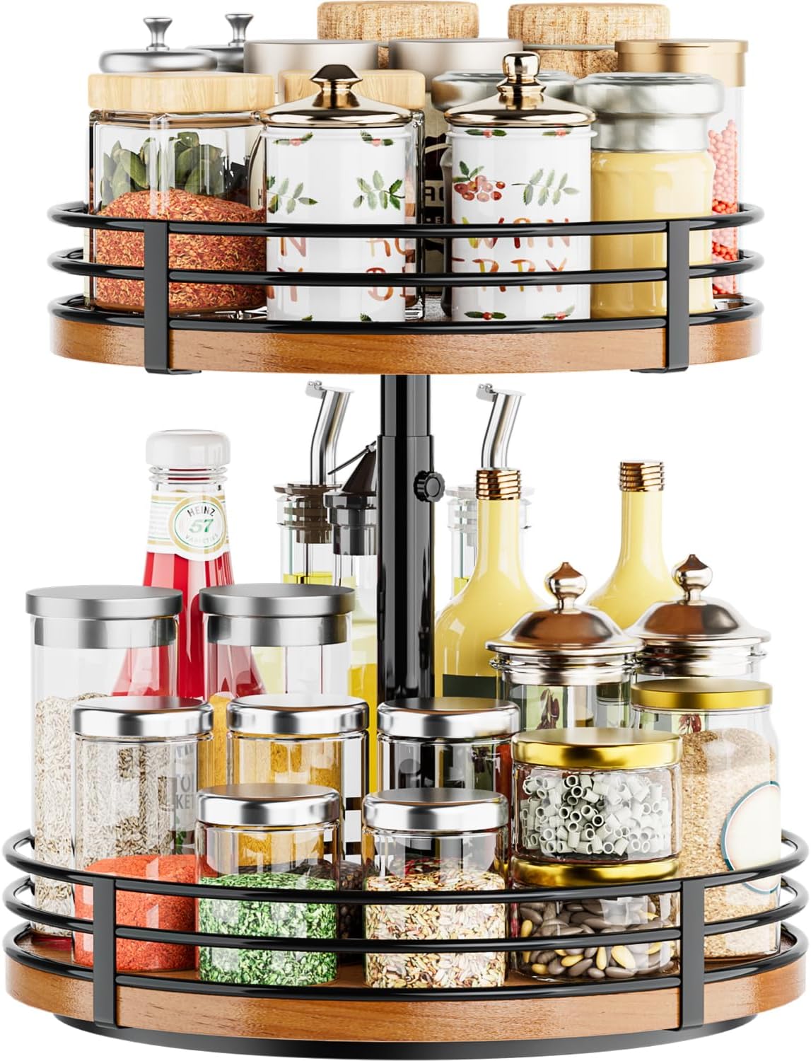 Lazy Susan Turntable Organizer Adjustable - 2 Tier Wood Rotating Spice Rack 12 Inch Lazy Susan for Kitchen Countertop Cabinet Pantry Cupboard Dining Table Bathroom Coffee Bar Home Storage