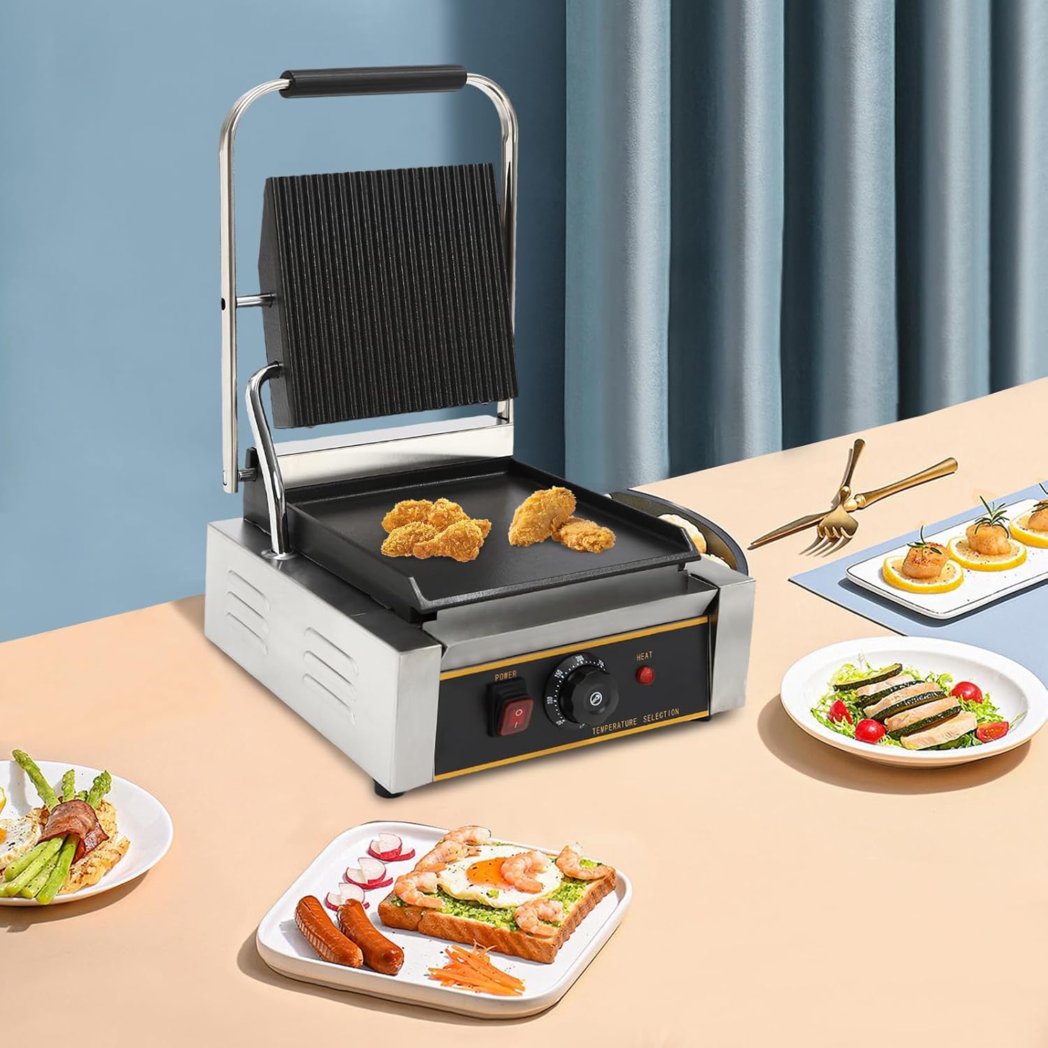 Commercial Electric Sandwich Panini Press Grill, 110V 1800W Up Grooved and Down Flat Plates Electric Stainless Steel Sandwich Maker, Temperature Control 122°F-572°F for Hamburgers Steaks Bacons