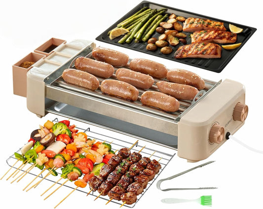 JOURPEO Electric Hot Dog Roller 6 Rollers,3 in 1 Indoor Grills Portable with Non-stick & Smokeless Removable Grill & BBQ Griddle Plate,Stainless Sausage Grill Cooker Machine, for Family party Use