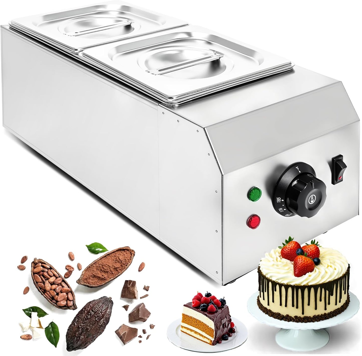 Chocolate Melting Machine with 2 Tanks, 1KW Electric Chocolate Tempering Pot, Chocolate Warmer Fondue with Temperature Control for Chocolate Cheese Soup Melting and Heating