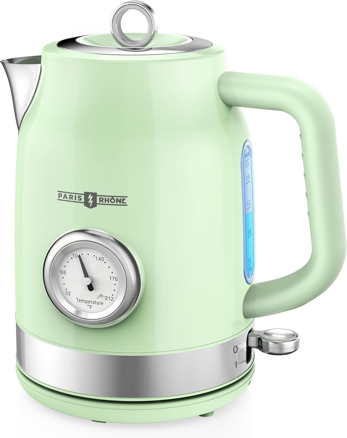 Retro Electric Kettle, PARIS RHÔNE 1.7L Hot Tea Kettle with Thermometer, 1500W Fast Heating, Cordless Design, LED Indicator, Auto Shut-Off & Boil Dry Protection