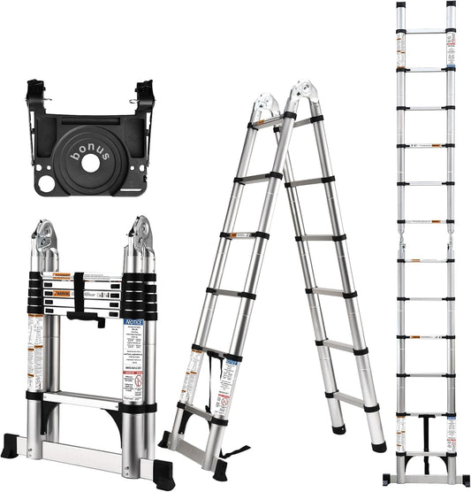 Telescoping Ladder 12.5 Ft, A Frame Compact Aluminum Extension Ladder with Tool Platform and Stabilizer Bar, Portable Telescopic Ladder for Outdoor Camper Trips Motorhome, 330lbs Capacity