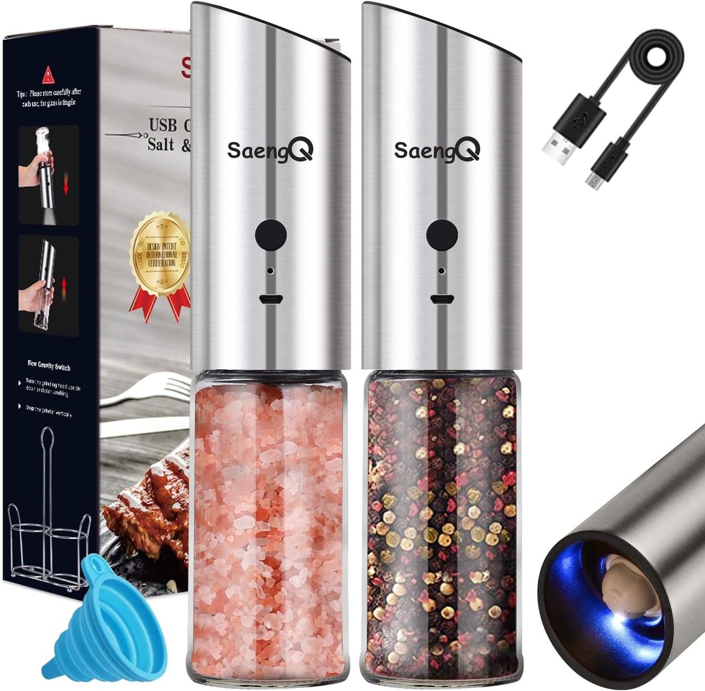 Electric Salt and Pepper Grinder Set - USB Rechargeable Gravity Salt and Pepper Shakers, Automatic Glass Mill with Adjustable Coarseness, LED Light, One-Hand Operation for Kitchen & Dining