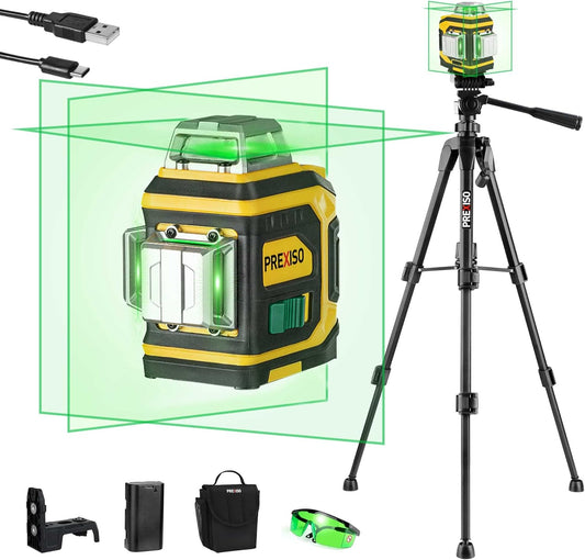 PREXISO Rechargeable 360° Self Leveling Green Laser Level with Tripod, Magnetic Base, Glasses - For Construction, Tile, Home Renovation