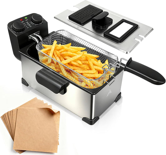 Immersion Deep Fryer with Basket, 1600W, 3L Small Deep Fryer with Timer Control, Fryer Pot for Home Use, Temperature Control, Lid with Viewing Window, Stainless Steel Electric Fryer