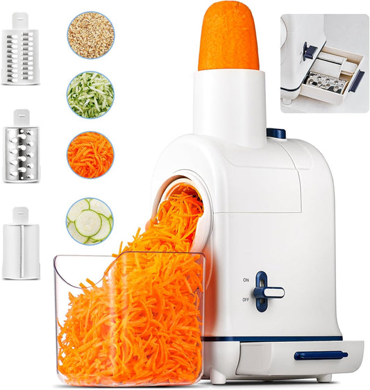 Electric Cheese Grater, Aobosi Salad Shooter Grater Maker w\/Large Chute for Whole Carrot,Vegetable,Potato, 3 Blades & Quiet Motor, Food Container,Built-in Storage