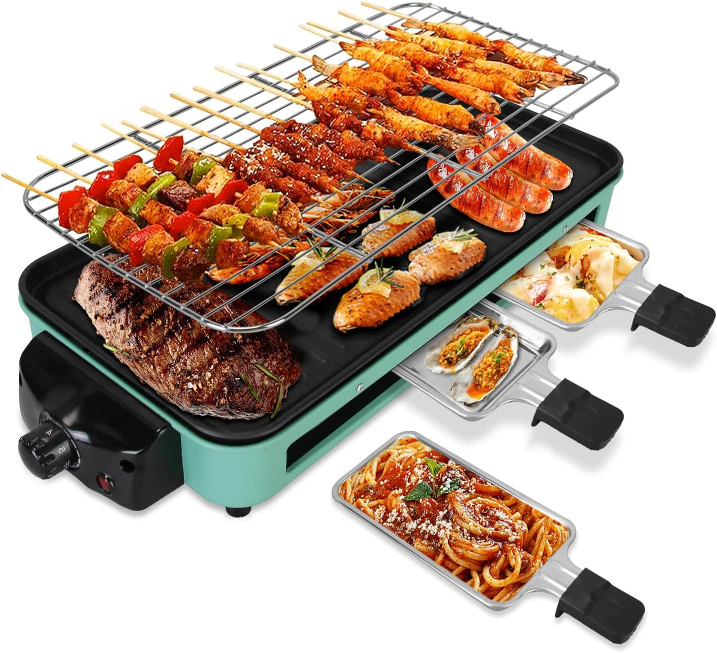 1500W Electric Indoor Grill, 2 in 1 Korean BBQ Grill for Kitchen, with Grill Net Removable Plate 3 Small Trays, 5 Temperature Control, Dishwasher Safe