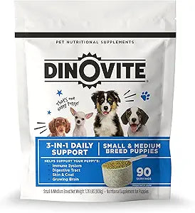 Dinovite 3 in 1 Probiotic for Puppies, Skin & Coat, Digestive Health & Joint Relief, Dog Food Toppers, Salmon Oil, Glucosamine, Allergy Relief & Itch Relief Skin Care, 90 Servings (Puppy)
